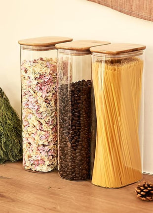Liuruiyu Glass Storage Jars Set of 3, Clear Glass Food Storage Containers with Airtight Bamboo Lid Stackable Kitchen Canisters for Candy,Cookie,Rice,Sugar,Flour,Pasta(Flat)