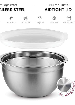 Stainless Steel Mixing Bowls Set with Lids, Home Kitchen Cooking Essentials Household Must Haves for Baking, 5 Pieces