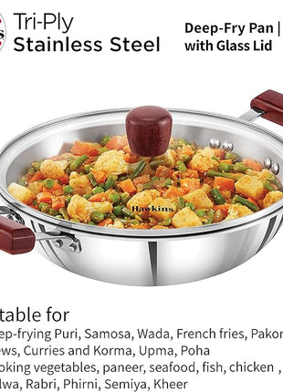 Hawkins 2.5 Litre Deep Fry Pan, Triply Stainless Steel Kadai with Glass Lid, Flat Bottom Induction Kadhai, Silver (SSD25G)