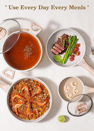 12 Pcs Pots and Pans Set, Nonstick Cookware Sets White Granite Induction Cookware, Non-toxic Healthy Non Stick Kitchen Cooking Set with Frying Pans Set, Saucepans,Steamer (PFAS, PFOA, PFOS Free)