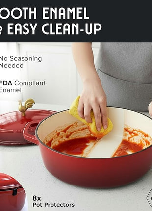 MUELLER HOME 5.5 Quart Enameled Cast Iron Oval Dutch Oven w Rooster Knob & Cotton Potholders, Heavy-Duty Cookware, Oven-Safe up to 500° F & Across All Cooktops, Gifts for Grandma & Women, Red