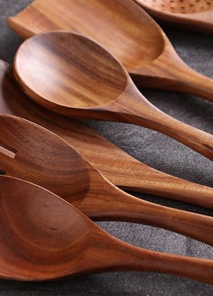 Wooden Spoons for Cooking, 6 Pcs Wooden Utensils for Cooking, Natural Teak Wood Non-Stick Cooking Spoons, Wood Utensils Set for Kitchen
