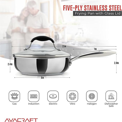 AVACRAFT 18/10 8 Inch Stainless Steel Frying Pan with Lid, Side Spouts, Induction Pan, Versatile Stainless Steel Skillet, Fry Pan in our Pots and Pans (Stainless Steel, 8 Inch)
