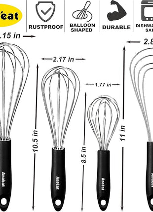 Anaeat Stainless Steel Kitchen Whisk Set of 4, Milk and Egg Beater Blender with Thick Wire for Whisking, Cooking, Baking, Beating and Stirring - 11'' Flat Whisk and 8.5''+10.5''+12'' Balloon Whisks