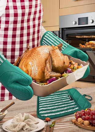 Silicone Oven Mitts Heat Resistant 932℉ with Waterproof & Non-Slip Kitchen Mittens, Set of 2 Extra Long Oven Gloves with Soft Cotton Terry Lining for Baking Cooking Barbecue (Emerald Green, 2)