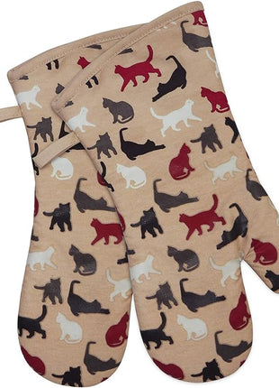 RED LMLDETA Oven Mitts Gloves 1 Pair Heat Resistant 480 ℉ Non Slip Clear Silicone Printed Comfortable Cotton Lining Kitchen Women Men Cooking Barbecue Microwave Machine Washable (Cat, Khaki Mittens)