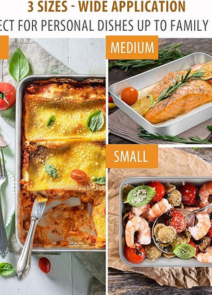 E-far Baking Pans Set of 3, Stainless Steel Sheet Cake Pan for Oven - 12.5/10.5/9.4Inch, Rectangle Bakeware Set for Cake Lasagna Brownie Casserole Cookie, Non-toxic & Healthy, Dishwasher Safe