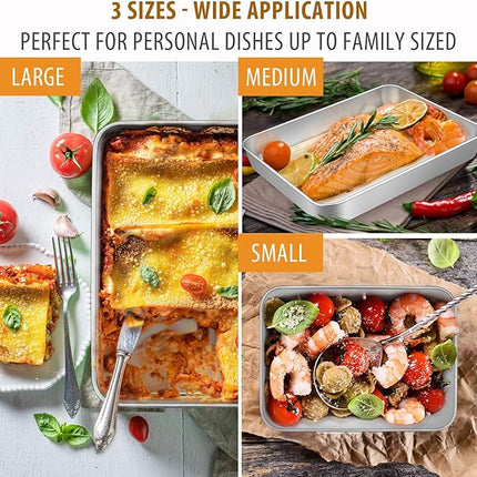 E-far Baking Pans Set of 3, Stainless Steel Sheet Cake Pan for Oven - 12.5/10.5/9.4Inch, Rectangle Bakeware Set for Cake Lasagna Brownie Casserole Cookie, Non-toxic & Healthy, Dishwasher Safe