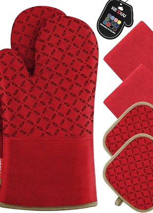 KEGOUU Oven Mitts and Pot Holders 6pcs Set, Kitchen Oven Glove High Heat Resistant 500 Degree Extra Long Oven Mitts and Potholder with Non-Slip Silicone Surface for Cooking (Red)