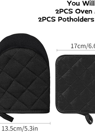 Oven Mitts and Pot Holders Set, Pack of 4, Heat Resistant Silicone Kitchen Mini Oven Mittens for 500 Degrees, Mini Oven Gloves and Hot Pads for Baking Grilling Barbecue Microwave Machine Washable