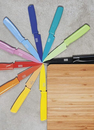 Kuhn Rikon Straight Paring Knife with Safety Sheath, 4 inch/10.16 cm Blade, Red, Yellow & Blue (Pack of 1)