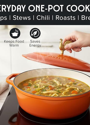 MUELLER HOME 5.5 Quart Enameled Cast Iron Oval Dutch Oven w Rooster Knob & Cotton Potholders, Heavy-Duty Cookware, Oven-Safe up to 500° F & Across All Cooktops, Gifts for Grandma & Women, Orange