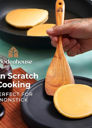 Wooden Utensil Set 8 Pcs – Sturdy & Easy to Clean, Natural Teak Wooden Spoons for Cooking – Non-Scratch Cooking Utensils with Spatula, Turner, Ladle, Spoons, Holder, Spoon Rest, 6 Hooks Kitchen Gifts