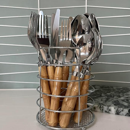 The Original Brink House Beyond Bamboo Stainless Steel Cutlery Set with Naturalistic Bamboo Handles / 16 pieces with Metal Stand, Lifestyle utensils set for home, first apartment, dorm, outdoor events