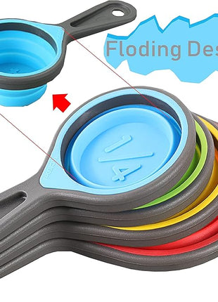 Collapsible Silicone Soft Measuring Cups and Measuring Spoons,8 pieces Portable Food Grade Silicone Cup for Liquid & Dry Measuring Baking &Utensils & Travel Measuring Cup，space saver (Pink)