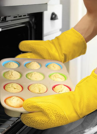 BPA-Free Soft Silicone Oven Mitts - Ultra Heat Resistant Oven Mitts with Thick Cotton Liner - Long Slip Resistant Pot Holders, Flexible Oven Gloves - Yellow 13.7"
