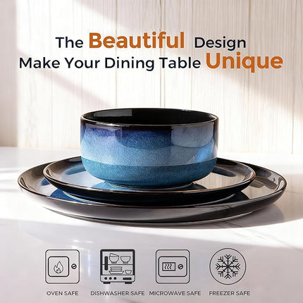LeRatio Ceramic Dinnerware Sets for 4,Porcelain Plates and Bowls Sets,Handmade Reactive Glaze Dishes Set,Chip Resistant and Scratch Resistant | Oven&Dishwasher & Microwave Safe,Service for 4-Blue