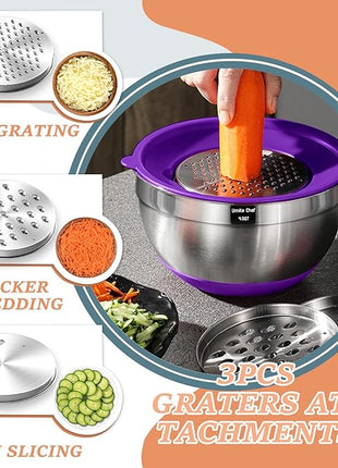 Umite Chef Mixing Bowls with Airtight Lids, 26Pcs Stainless Steel Bowls Set, 3 Grater Attachments & Colorful Non-Slip Bottoms Size 7, 4, 2.5, 2.0,1.5, 1QT, Great for Mixing & Serving