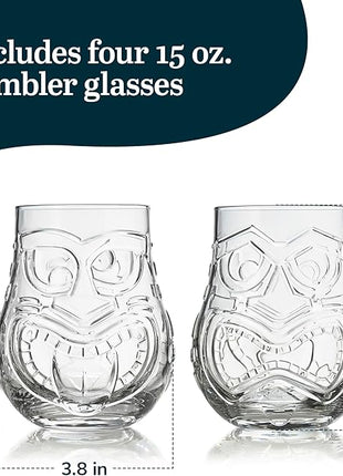 Libbey Tiki Split Glass Tumbler Set, Vintage-Style Quirky Drinking Glasses Set of 4, Exotic, Tall Drinking Glass Cups for Backyard Luau or Pool Party