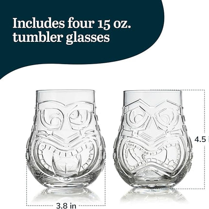 Libbey Tiki Split Glass Tumbler Set, Vintage-Style Quirky Drinking Glasses Set of 4, Exotic, Tall Drinking Glass Cups for Backyard Luau or Pool Party