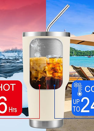 D·S 30oz Cream Tumbler Stainless Steel Insulated Travel Mug with Straw Lid Cleaning Brush (30oz Cream)