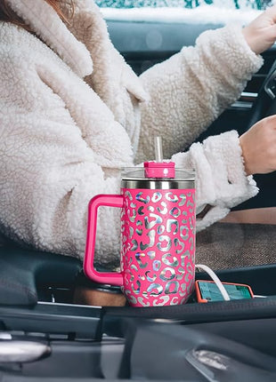 40 oz Tumbler with Handle and Straw, 100% Leak-Proof Travel Mug, Stainless Steel Double Wall Vacuum Insulated Coffee Cup Keeps Cold For 34 Hours, Dishwasher Safe, Hot Pink Leopard