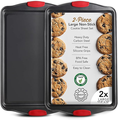 Baking Sheet Set, 2-Piece Large Cookie Sheet Set with Silicone Handles, Steel Baking Pan, Baking Sheets for Oven, BPA Free Nonstick Set, Half Sheet Pans, Black Baking Tray