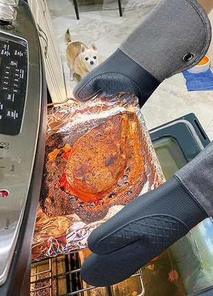 Professional Microwave Silicone Oven Mitts one Pair, Kitchen Mitten Set for Heat Resistant with 500 Degrees, Kitchen Gloves Pot Holder for BBQ Cooking Baking (Gray)