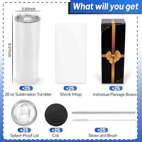 Joyclub 25 Pack 20 oz Sublimation Tumblers Bulk Sublimation Blanks for Heat Transfer Double Wall Insulated Straight SkinnyTumbler with Individually Gift Box and Shrink Wrap Film