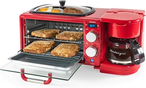 Nostalgia 3-in-1 Retro Breakfast Station - Includes 5 Cup Coffee Maker, Non-Stick Ceramic Griddle, and 4-Slice Toaster Oven - Built-In Timer, Reusable Coffee Filter, Space-Saving Design - Red