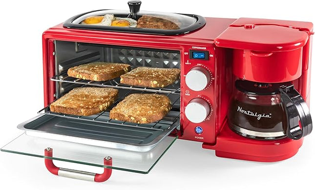Nostalgia 3-in-1 Retro Breakfast Station - Includes 5 Cup Coffee Maker, Non-Stick Ceramic Griddle, and 4-Slice Toaster Oven - Built-In Timer, Reusable Coffee Filter, Space-Saving Design - Red