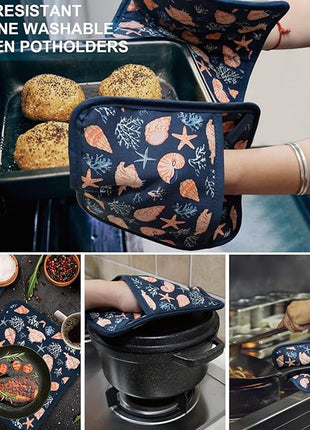 Pot Holders Set of 2 Heat Resistant 480℉ Kitchen 100% Cotton Comfortable Lining Printing Cowry Flower Women Men Home Cooking Baking Microwave BBQ Gift (Cowry potholders)