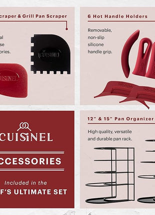 Cuisinel Cast Iron 23-Pc Cookware Set - 8" Skillet + Cast Iron Lid + 12"+Lid + 10" Braiser with Lid + Grill Pan + Lid + Griddle + 5-Qt Dutch Oven + Multi-Cooker + 12"+15" Pan Rack + Scraper + Handles