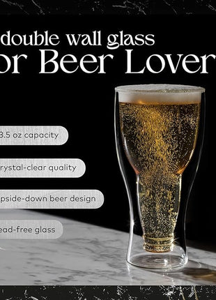Dragon Glassware Beer Glasses - 13.5 oz Clear Double Wall Insulated Beer Glass Set of 2 - Upside Down Design - Holds One Full Bottle - Freezer Safe