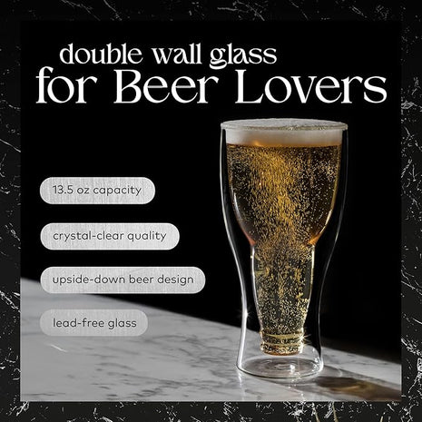 Dragon Glassware Beer Glasses - 13.5 oz Clear Double Wall Insulated Beer Glass Set of 2 - Upside Down Design - Holds One Full Bottle - Freezer Safe