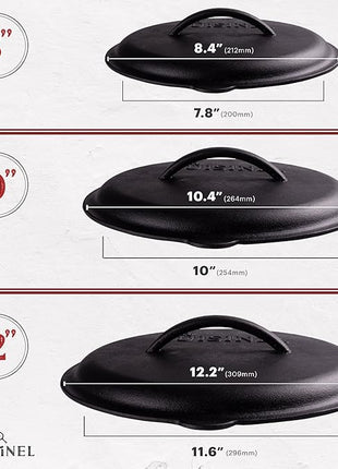 Cast Iron Skillet + Cast Iron Lid Set - 8"+10"+12" Dual Handle Frying Pans + Pan Scraper + Silicone Handle Holder Covers - Pre-Seasoned Indoor/Outdoor, Grill, Stovetop, Induction, Oven Safe Cookware