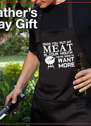 Funny Grilling Apron for Men, Adjustable Black BBQ Cooking Apron with Three Large Pockets, Chef Kitchen Apron for Barbecue and Outdoor Use, Gift for Dad, Husband, Boyfriend