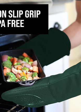 BPA-Free Silicone Oven Mitts Ultra Heat Resistant up to 500°F - Oven Mitts with Thick Cotton Liner - Long Slip Resistant Pot Holders, Flexible Oven Gloves - Green 13.7