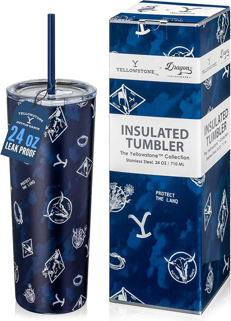 Dragon Glassware x Yellowstone Vacuum Insulated Tumbler with Lid and Straw - 24 oz Tumbler Cup with 2 Straws - Stainless Steel Tumbler with Straw for Water, Iced Tea - Blue