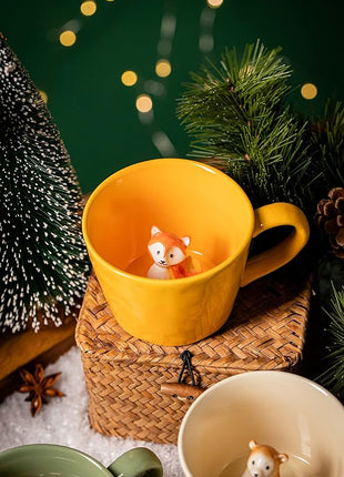 DIHOclub Fox Ceramic Cup Hidden 3D Animal Inside Mug,Cute Cartoon Handmade Figurine Mugs,Holiday and Birthday Gift for Coffee Milk Tea Lovers,12 OZ(Yellow)