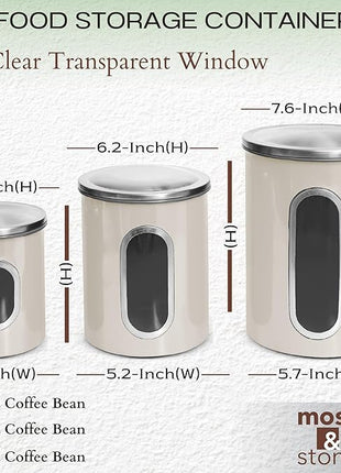 Moss & Stone 3-Piece Beige Canisters Sets For The Kitchen, Airtight Canister Set With See Through Window, Storage Jars for Coffee Container, Tea Organizer & Sugar Canister, Beige Kitchen Canisters