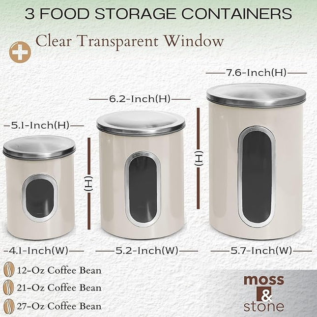 Moss & Stone 3-Piece Beige Canisters Sets For The Kitchen, Airtight Canister Set With See Through Window, Storage Jars for Coffee Container, Tea Organizer & Sugar Canister, Beige Kitchen Canisters