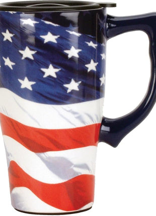 Spoontiques - Ceramic Travel Mugs - American Flag Cup - Hot or Cold Beverages - Gift for Coffee Lovers
