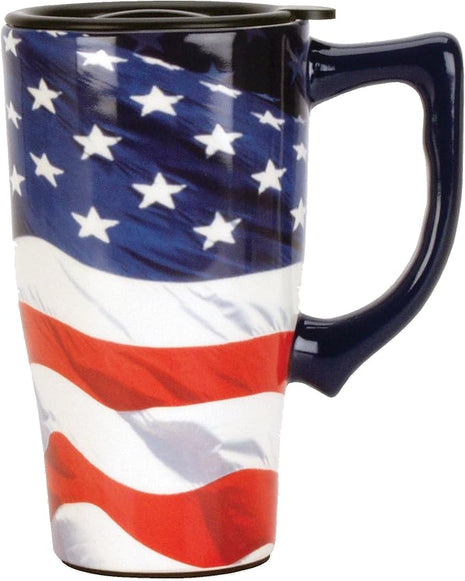 Spoontiques - Ceramic Travel Mugs - American Flag Cup - Hot or Cold Beverages - Gift for Coffee Lovers