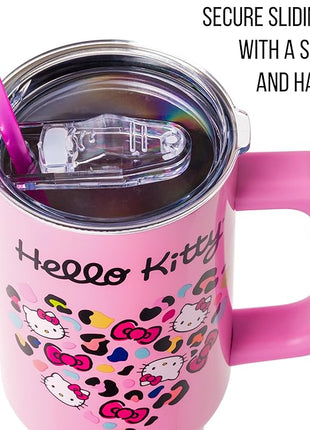 Silver Buffalo Sanrio Hello Kitty Leopard Jungle Cat Print and Bows Heart Stainless Steel Tumbler with Handle and Straw, Fits in Standard Cup Holder, 40 Ounces