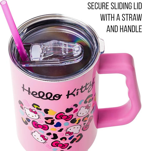 Silver Buffalo Sanrio Hello Kitty Leopard Jungle Cat Print and Bows Heart Stainless Steel Tumbler with Handle and Straw, Fits in Standard Cup Holder, 40 Ounces