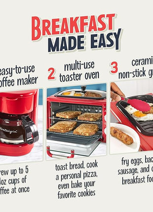 Nostalgia 3-in-1 Retro Breakfast Station - Includes 5 Cup Coffee Maker, Non-Stick Ceramic Griddle, and 4-Slice Toaster Oven - Built-In Timer, Reusable Coffee Filter, Space-Saving Design - Red