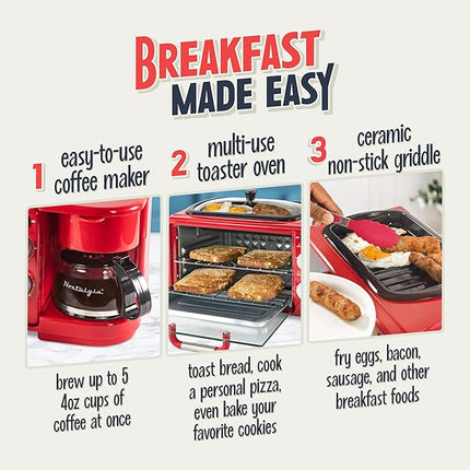 Nostalgia 3-in-1 Retro Breakfast Station - Includes 5 Cup Coffee Maker, Non-Stick Ceramic Griddle, and 4-Slice Toaster Oven - Built-In Timer, Reusable Coffee Filter, Space-Saving Design - Red