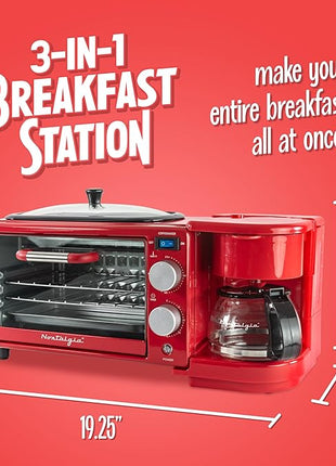 Nostalgia 3-in-1 Retro Breakfast Station - Includes 5 Cup Coffee Maker, Non-Stick Ceramic Griddle, and 4-Slice Toaster Oven - Built-In Timer, Reusable Coffee Filter, Space-Saving Design - Red