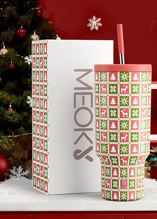 Meoky 40 oz Christmas Tumbler with Handle and Straw, Xmas Tumbler with Lid and Straw, Insulated Stainless Steel Travel Mug, Christmas Gifts for Women Men Adults (Ho Ho Reindeer)
